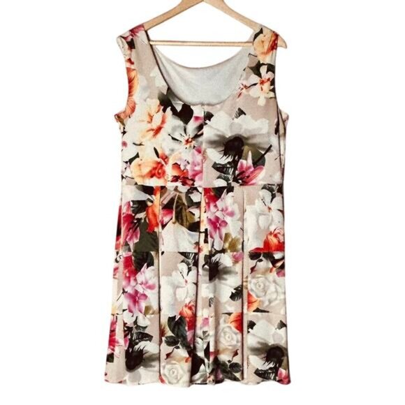 Tiana B Tan Pink Green White Floral Dress 14 Petite Sleeveless Fit Flare Zip - Picture 2 of 5